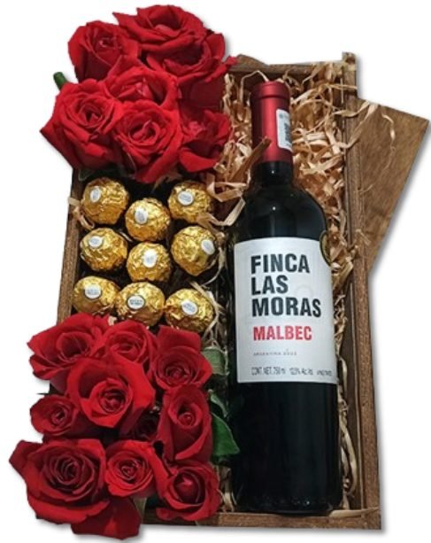 Caja artesanal con Rosas, vino y chocolates